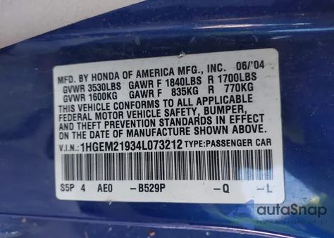 2004 Honda Civic Ex from USA, damaged, VIN 1HGEM21934L073212